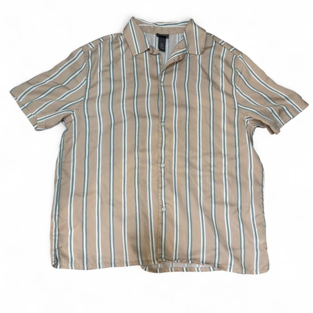 H&M Men's Striped Short Sleeve Button-Up Shirt, Tan & Green, Size XL